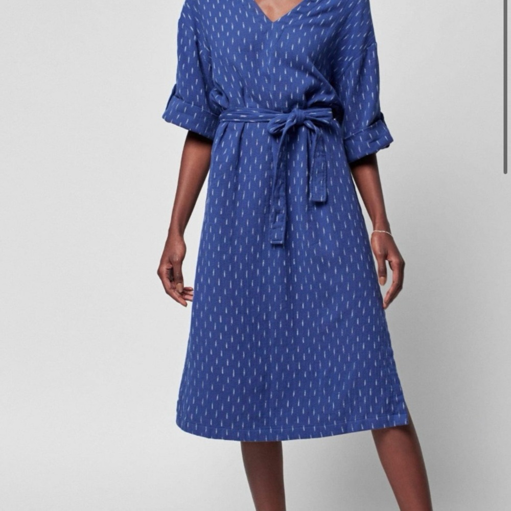 Faherty Dress Atlantic Ave Belted Blue Shadow V Neck Midi S/S Cotton Sz L